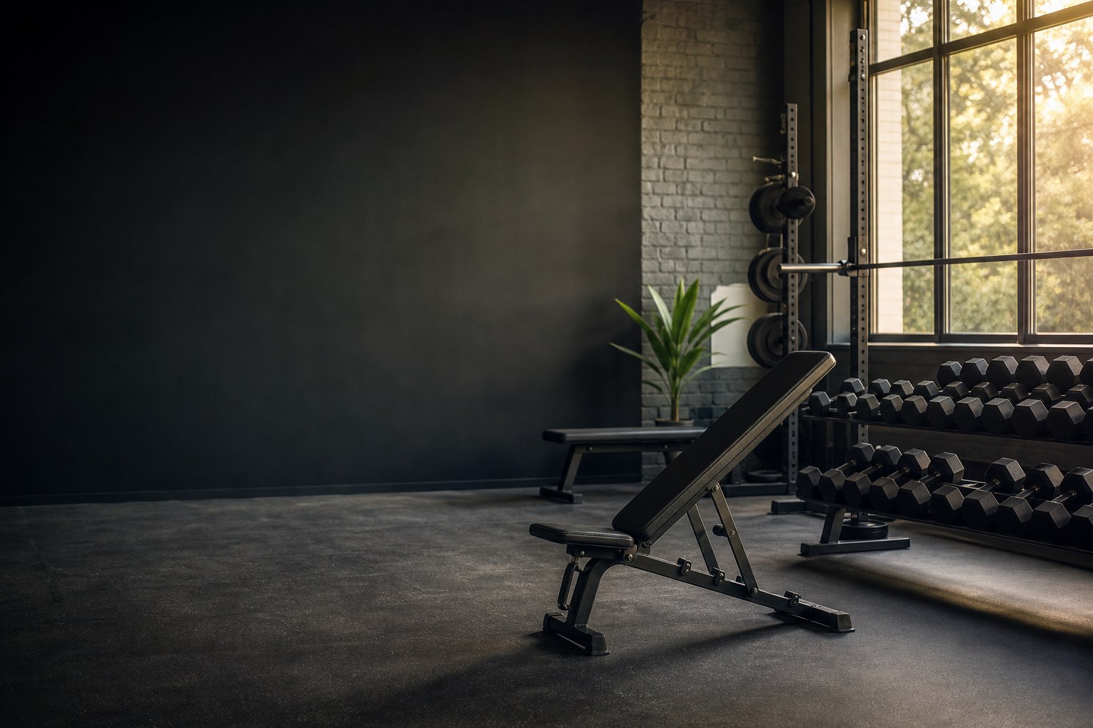 Strength bench and dumbbells in a sunlit gym