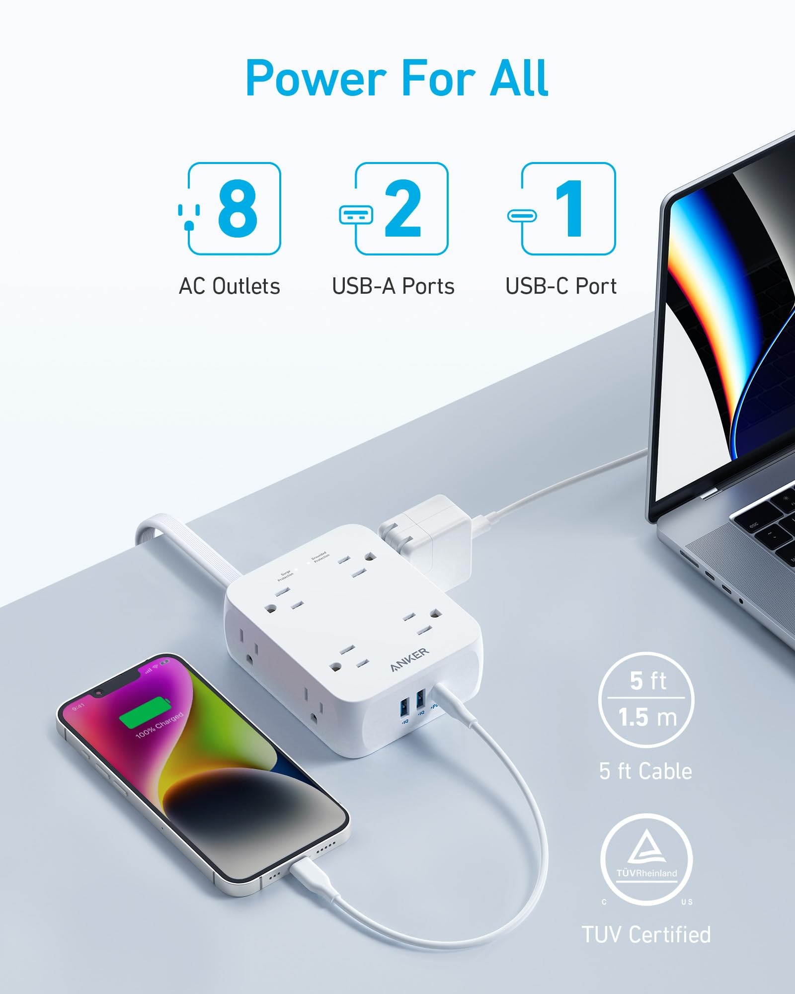 Close view of a black power strip with USB ports