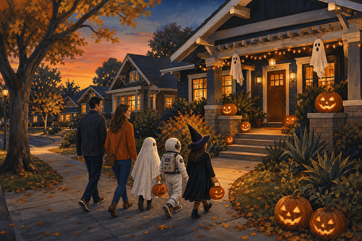 Illustration of a family in Halloween costumes approaching a pumpkin-decorated Craftsman porch