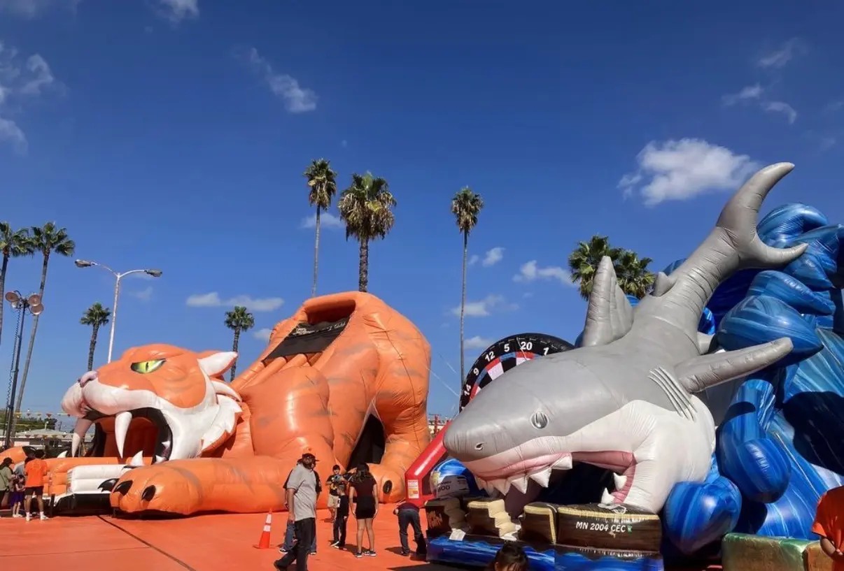 Colorful seasonal inflatable attractions at a Taghavi Farms pumpkin patch