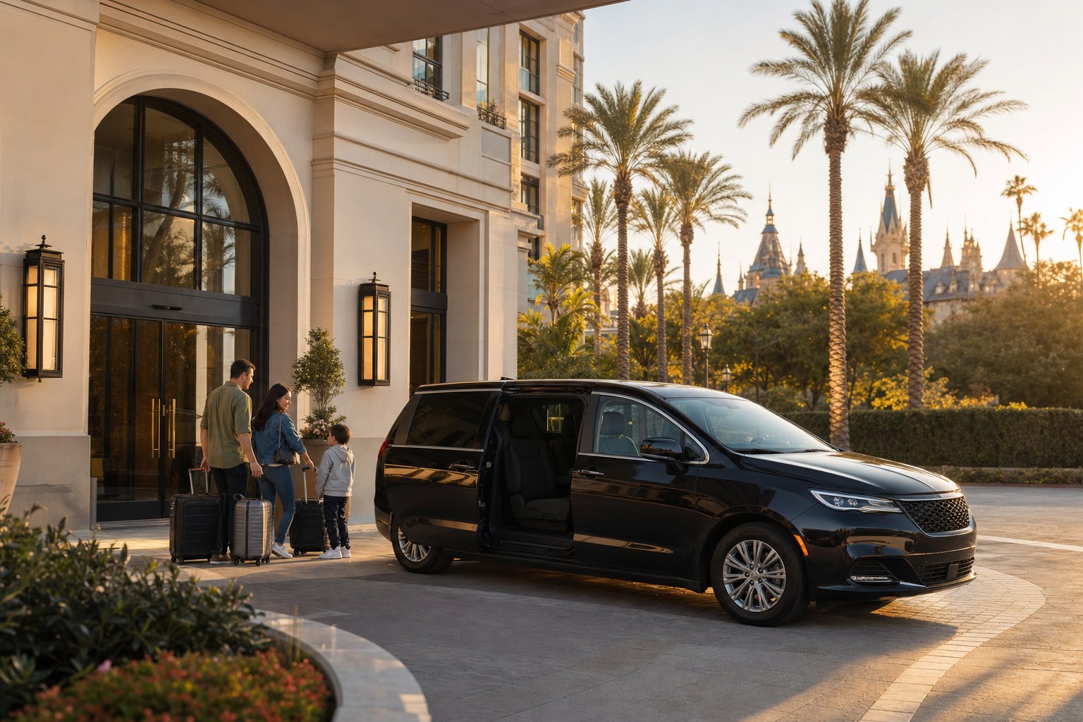 Family arriving by minivan outside an Anaheim resort hotel