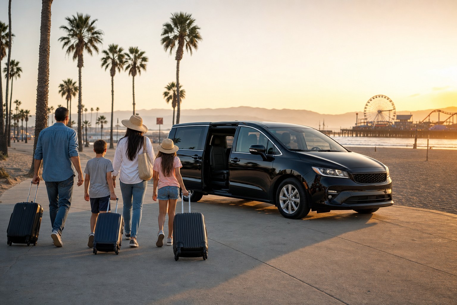Family and black minivan near the Santa Monica coast at sunset