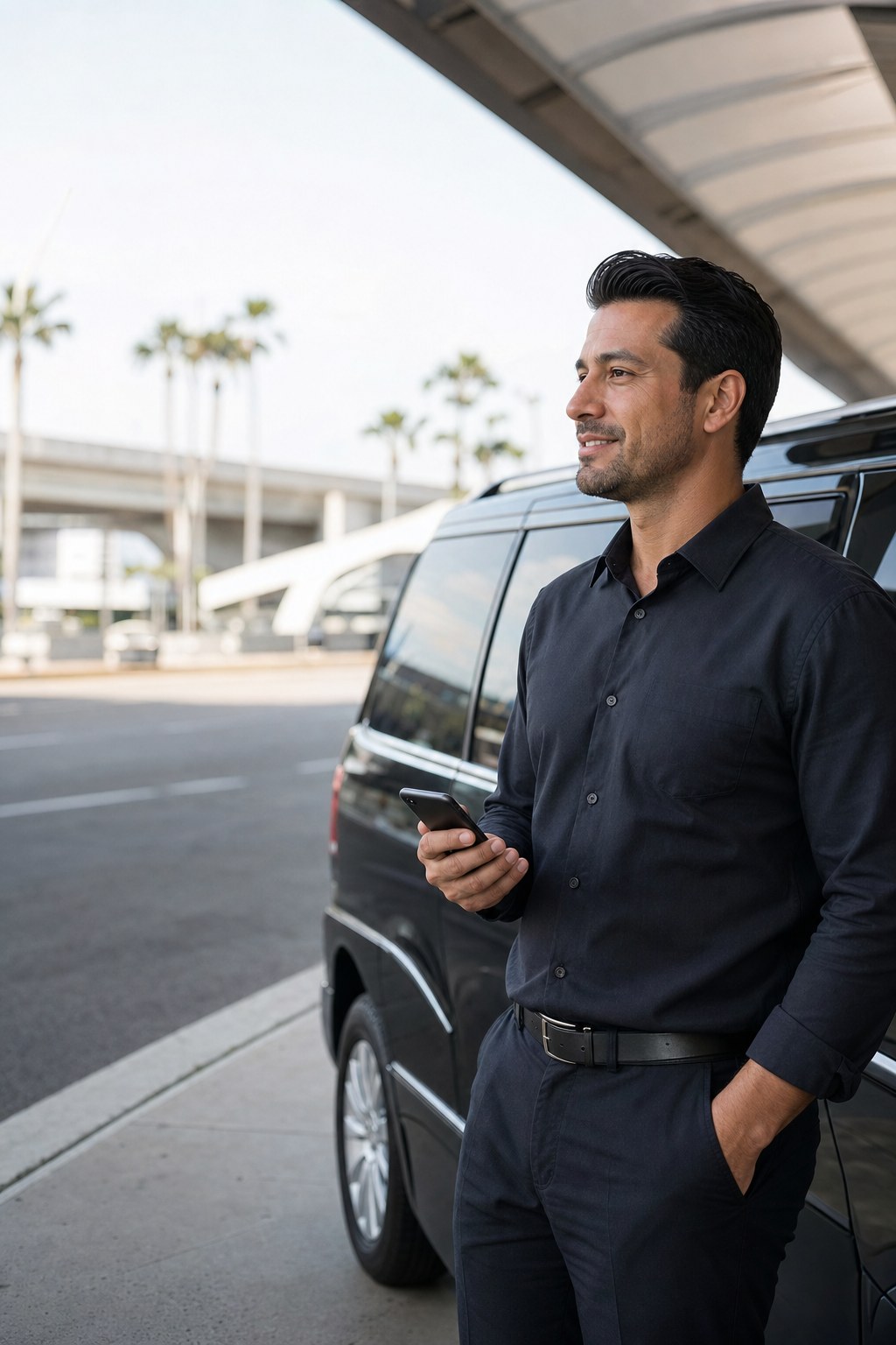Driver waiting by a black minivan at an airport curb