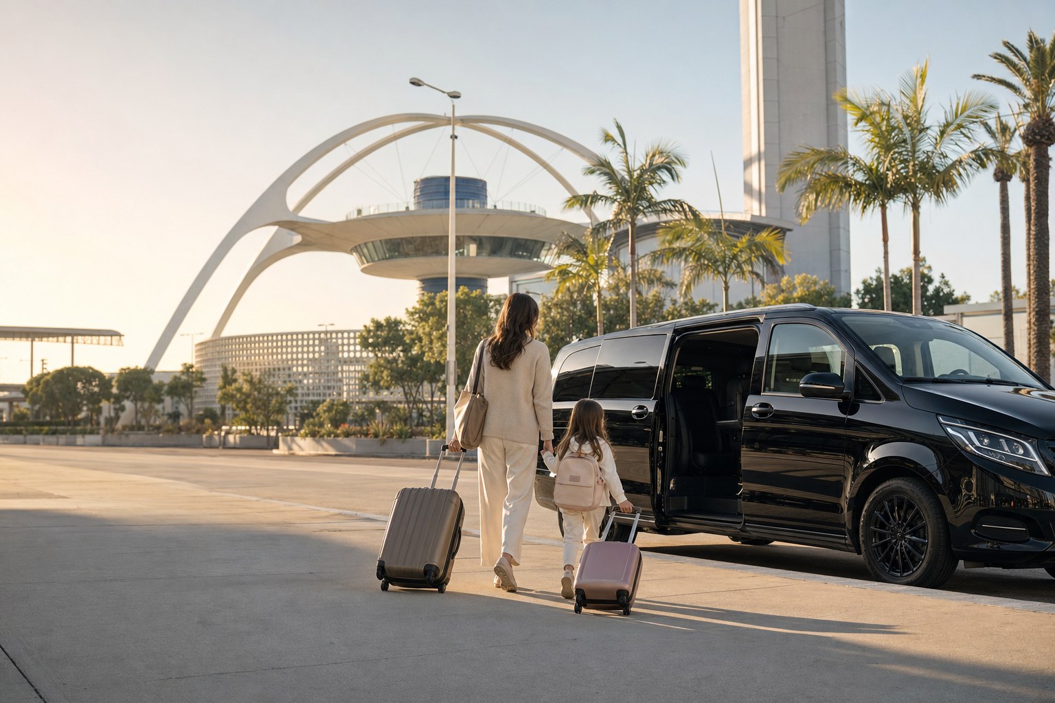 AI-generated airport scene with a woman and child, a black minivan and an empty LAX sidewalk