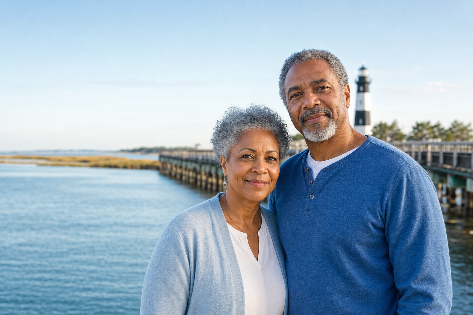 Couple standing near an Eastern North Carolina lighthouse