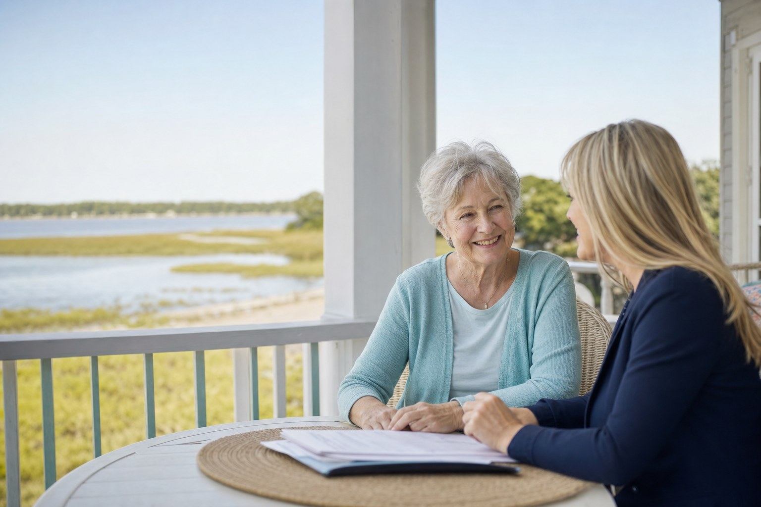 Older woman speaking with an advisor on a coastal porch
