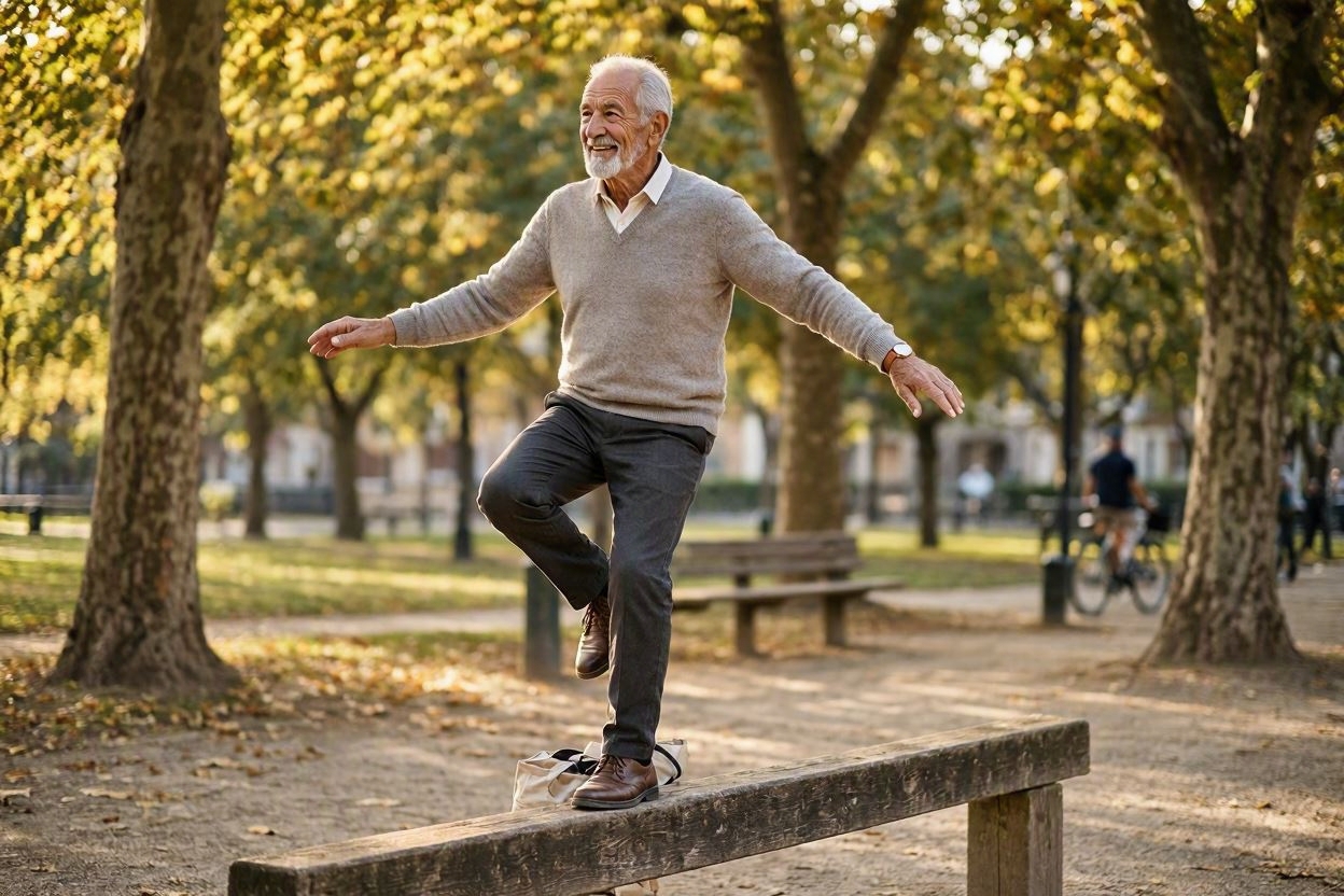 Older man practicing a steady single-leg balance in a park