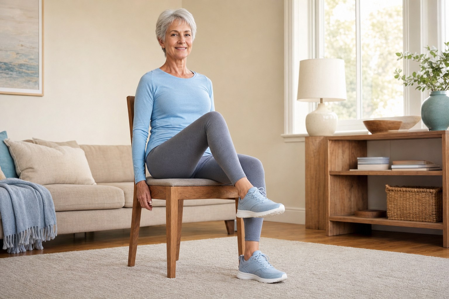 Older woman seated on a sturdy chair and lifting one knee in a bright living room