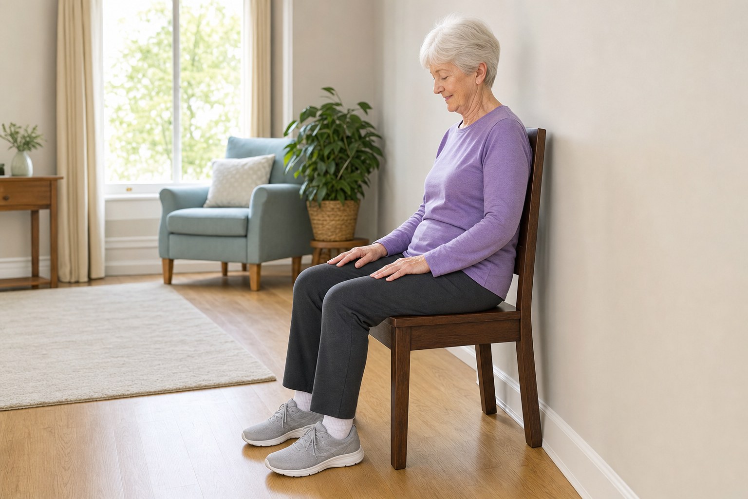 Older woman seated securely on a sturdy chair placed against a wall
