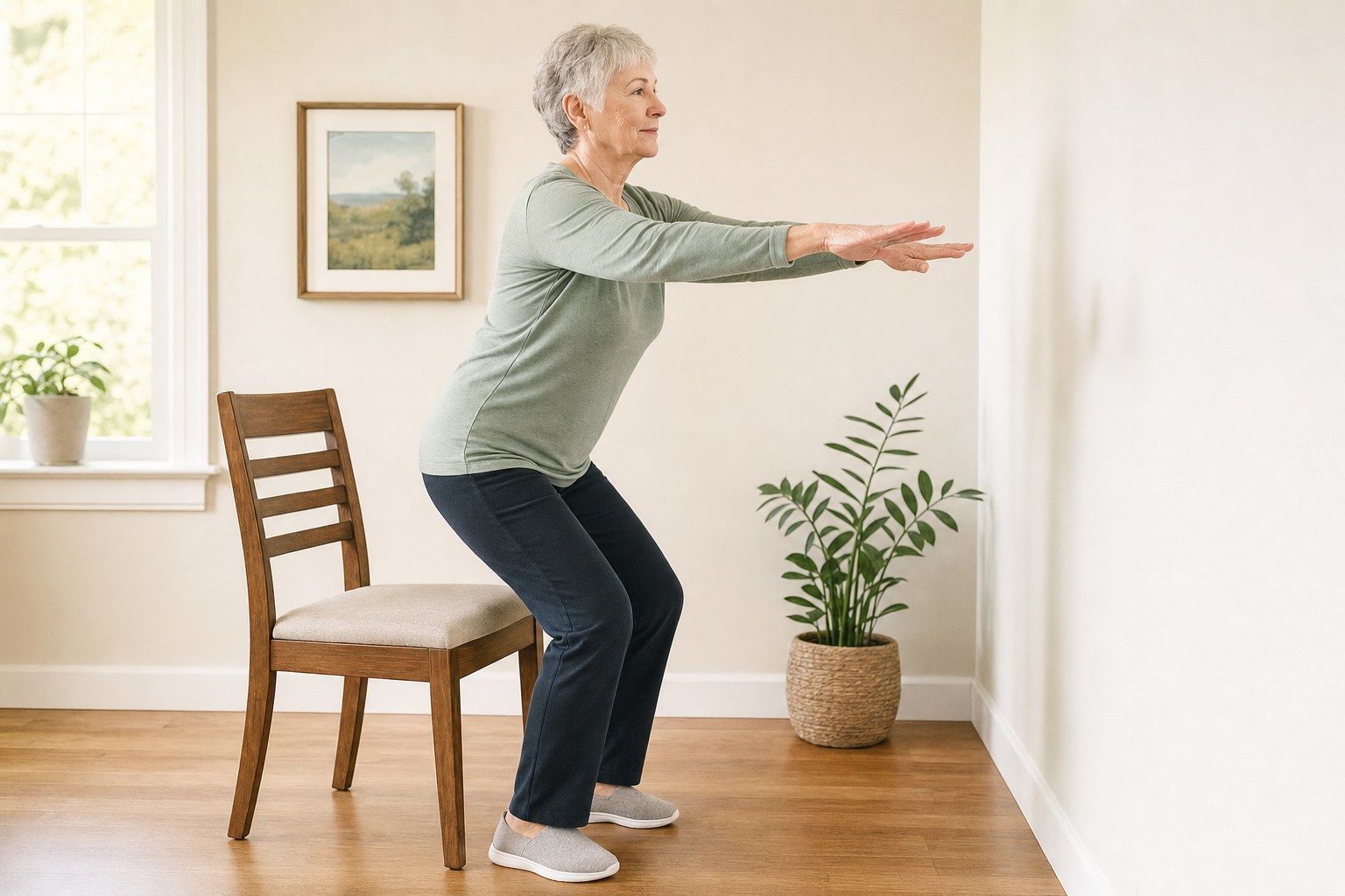 Older woman standing from a chair with controlled posture