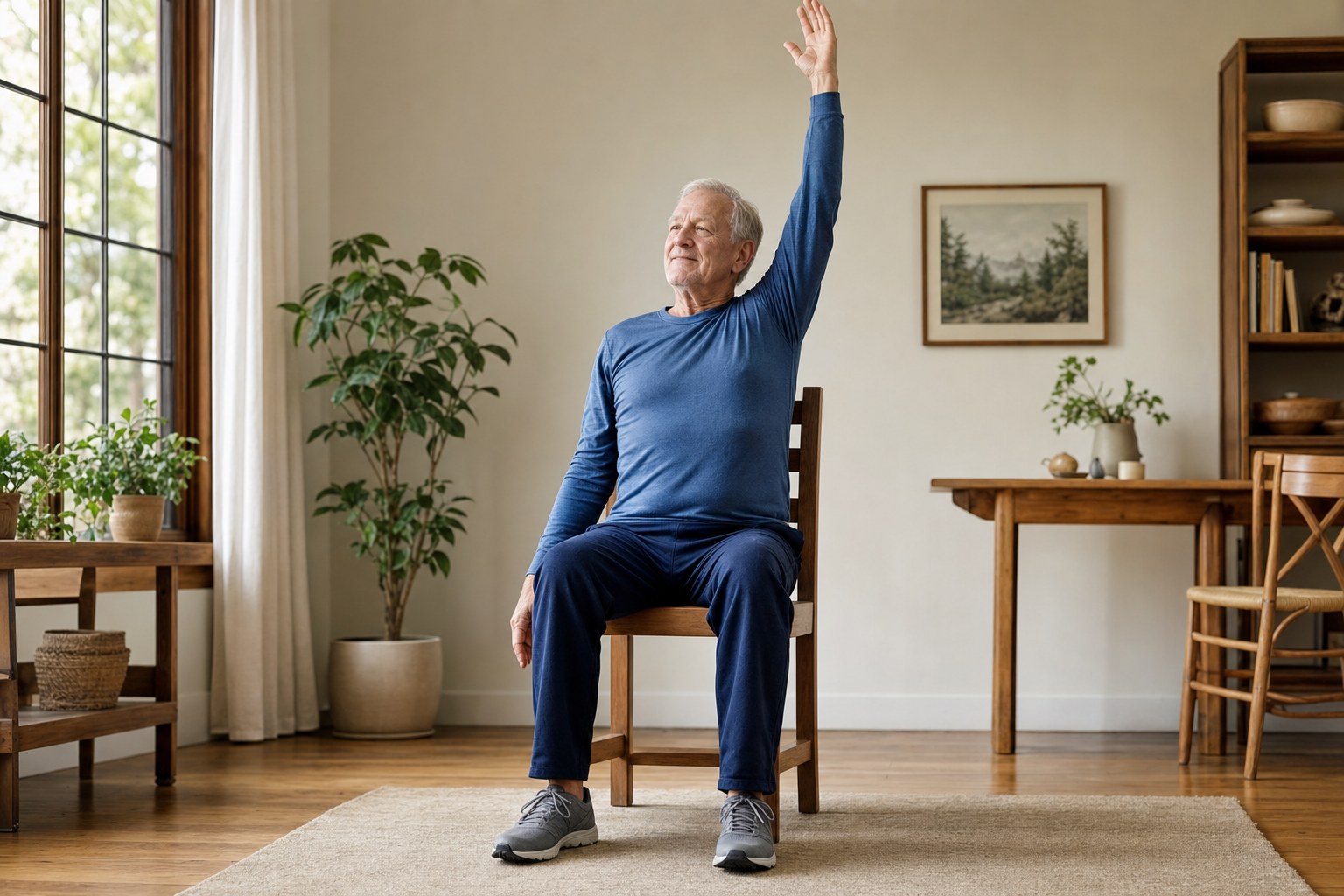Older man seated tall on a chair and reaching one arm overhead