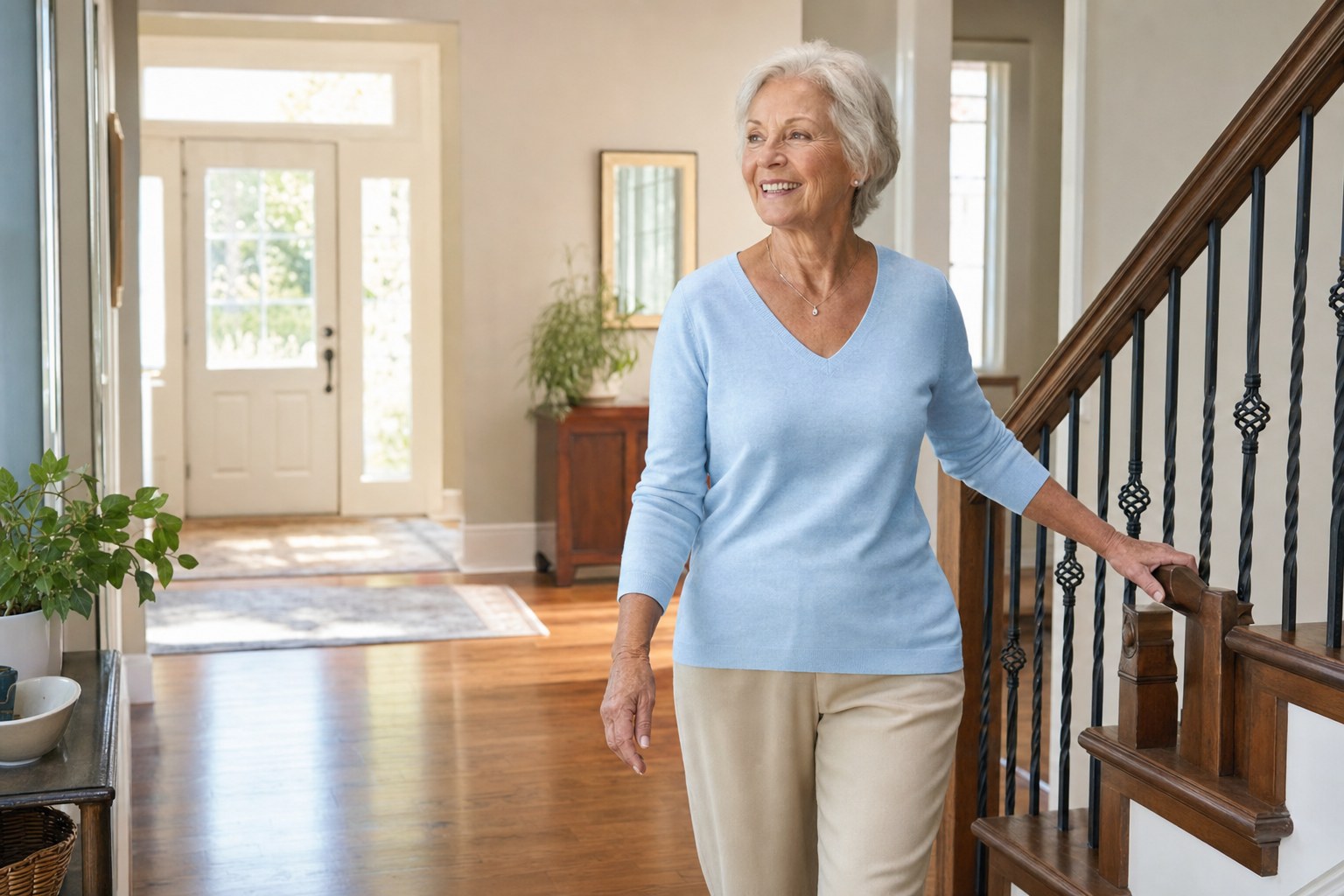 Older woman walking confidently beside a stair rail in a bright, tidy home