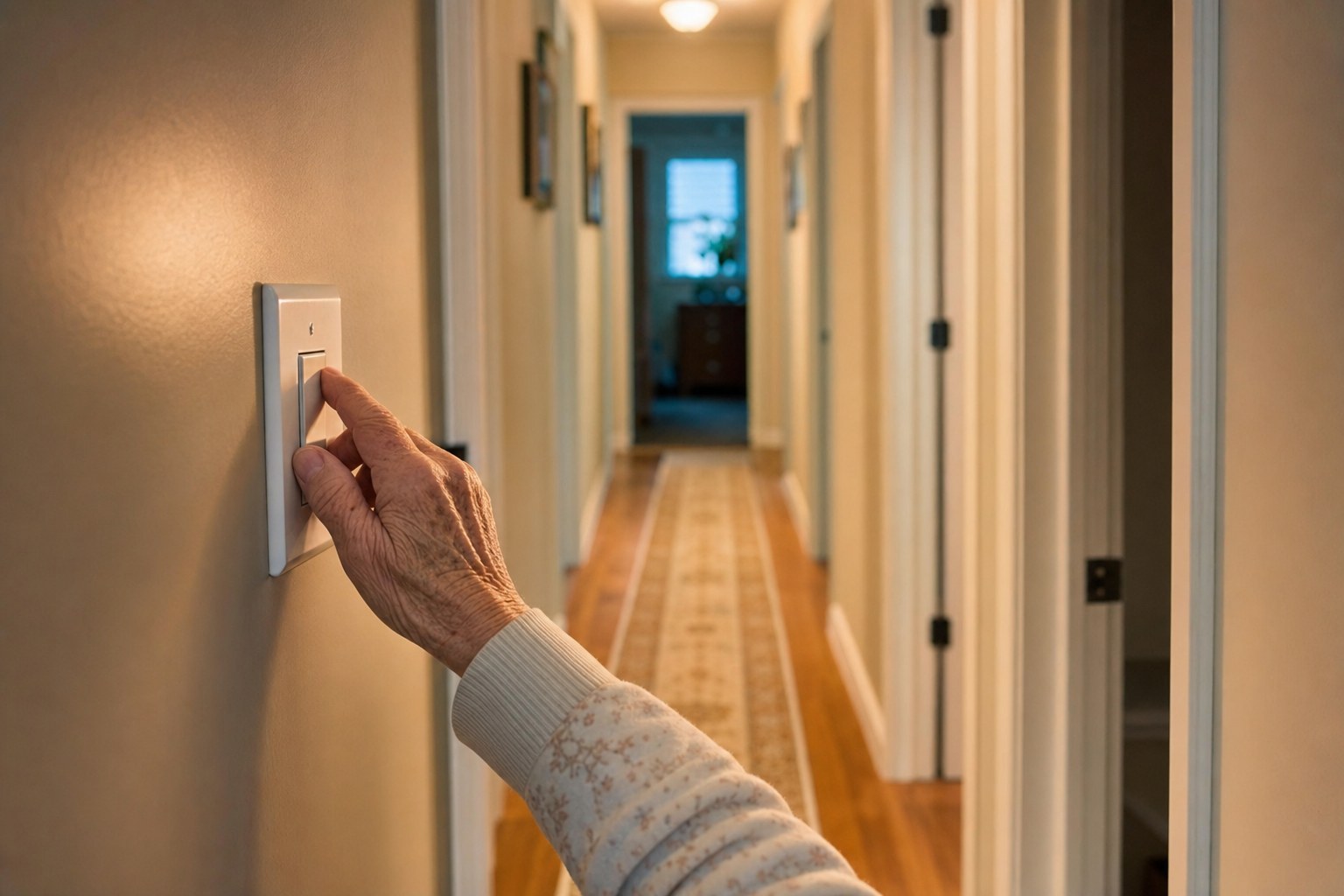 Older adult turning on a hallway light beside a clear walking path