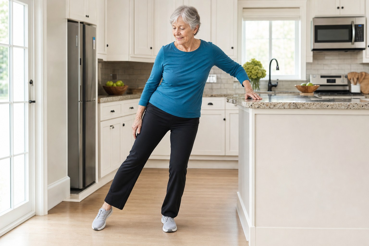 Older woman practicing a controlled supported side step beside a kitchen counter