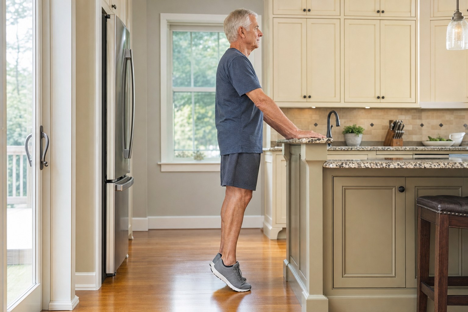 Older man using a kitchen counter for support during a controlled calf raise