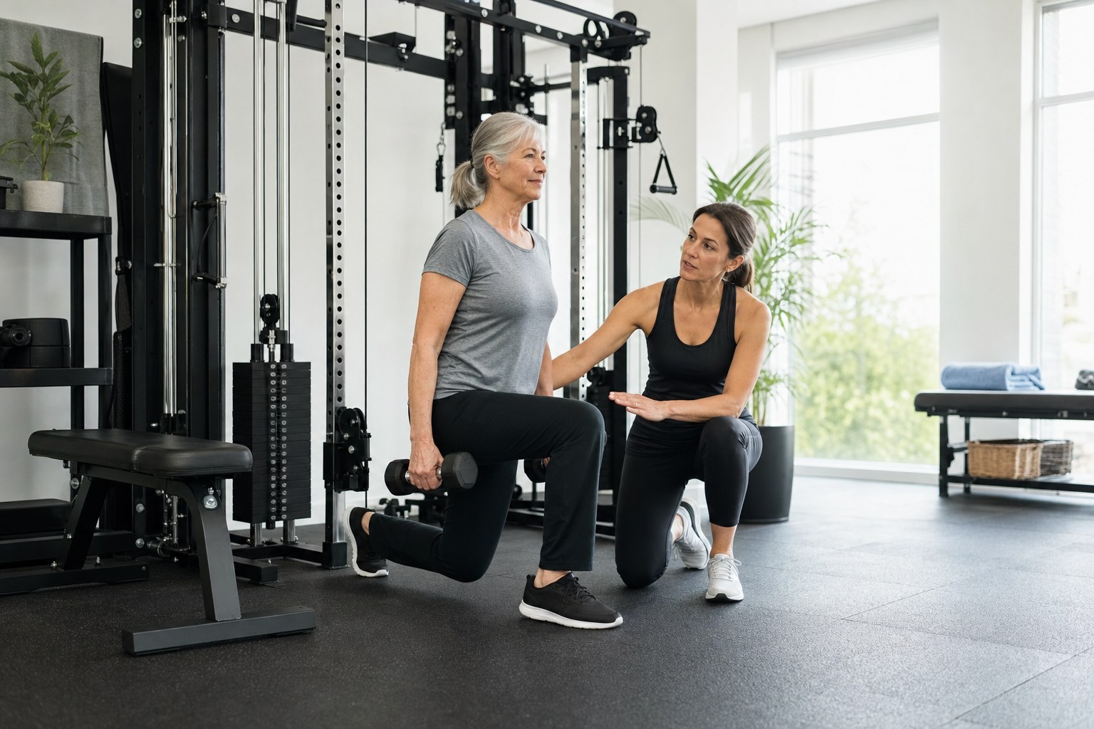 Older adult practicing a supported lower-body movement with a coach in a private studio