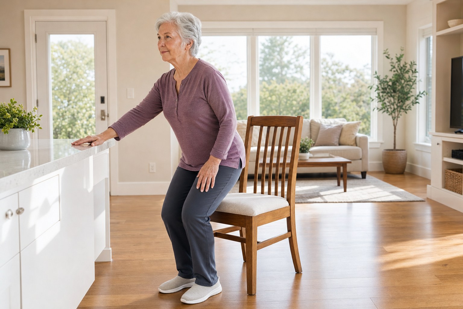 Older woman practicing a controlled sit-to-stand beside a sturdy chair at home