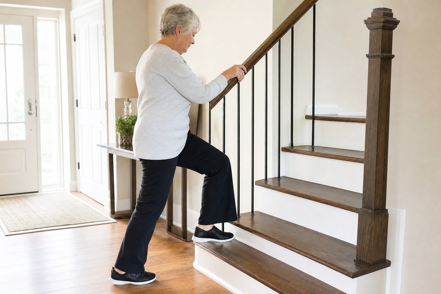 Older woman using a stair rail for support during a low step-up