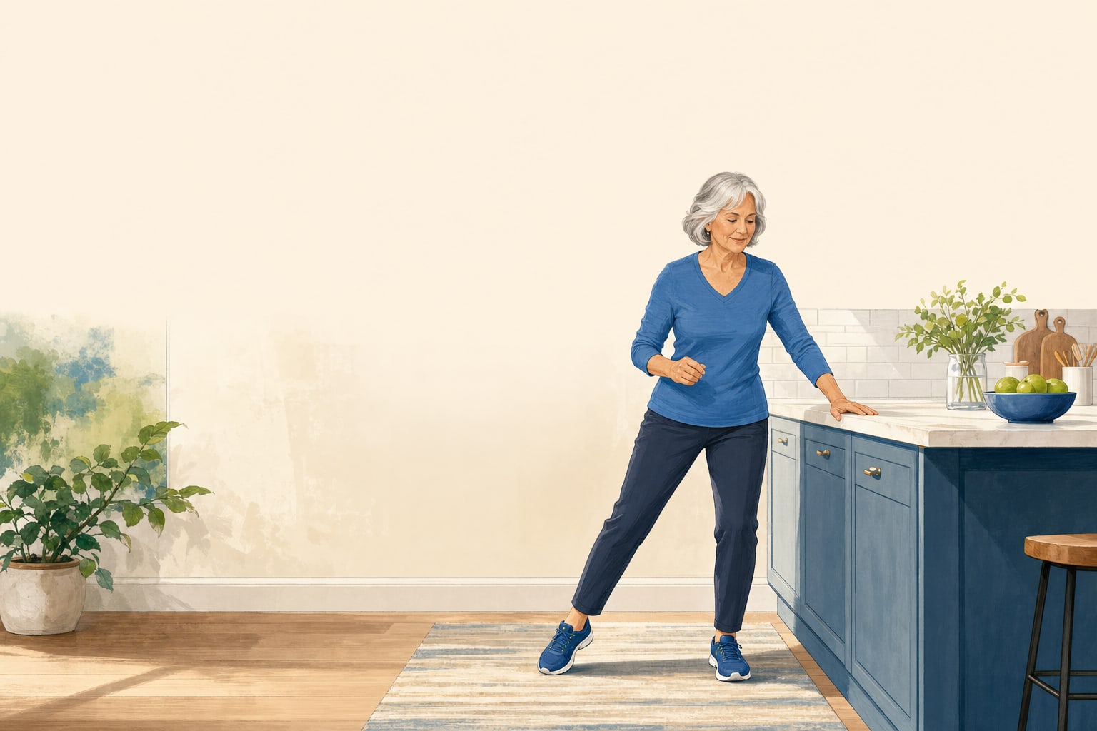 Older woman practicing a controlled side step beside a sturdy kitchen counter