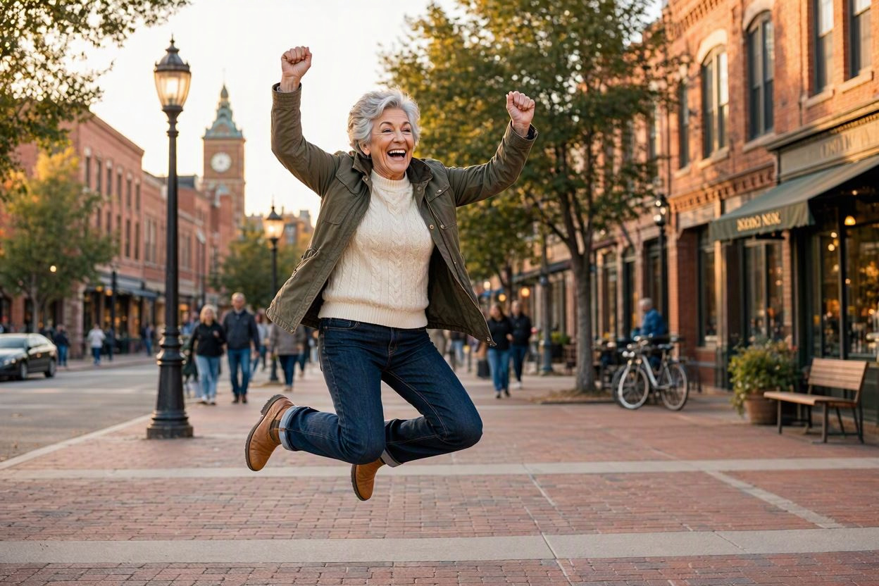 Older woman jumping with joy on a city street, reflecting strength and vitality