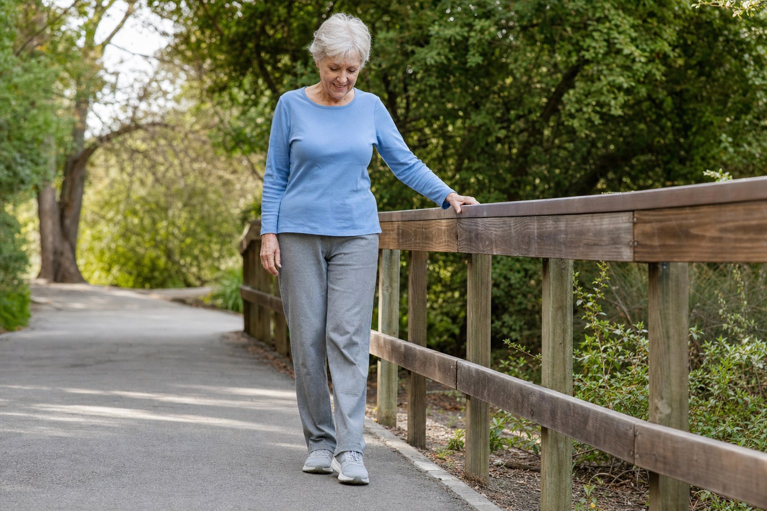 Older woman practicing a supported heel-to-toe walk beside a park rail