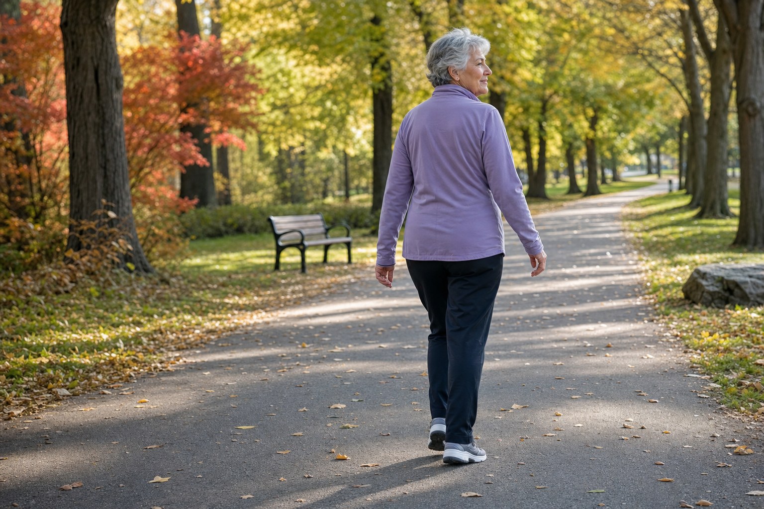 Older woman walking confidently on a tree-lined park path