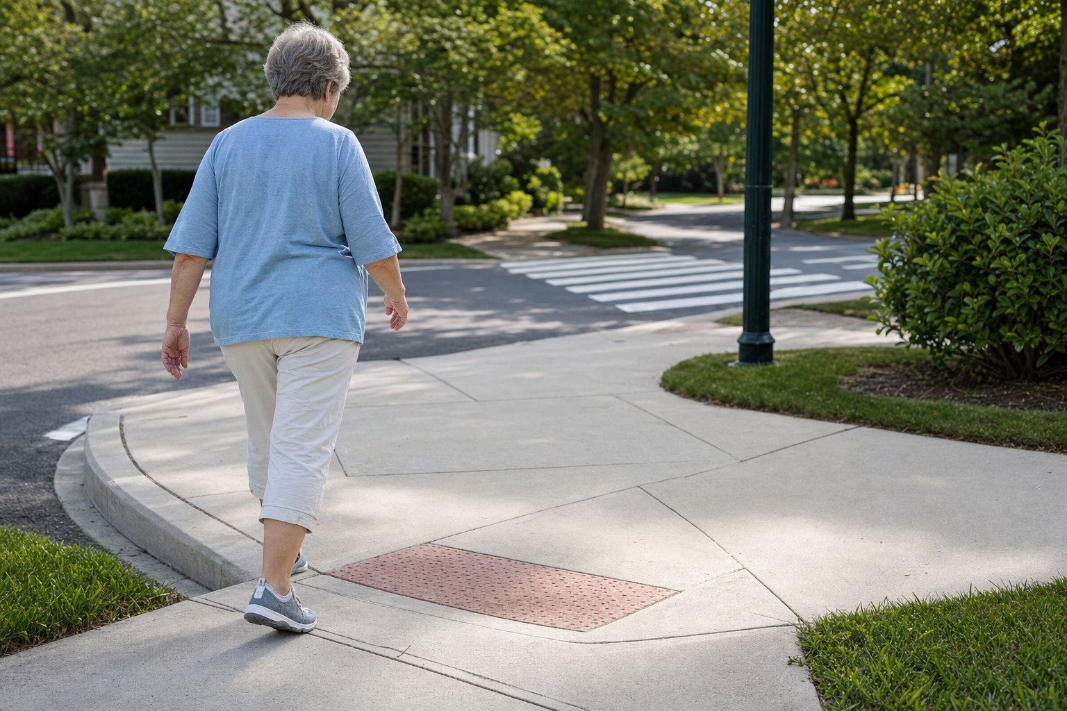 Older woman approaching a clear curb ramp and crosswalk on a neighborhood walk