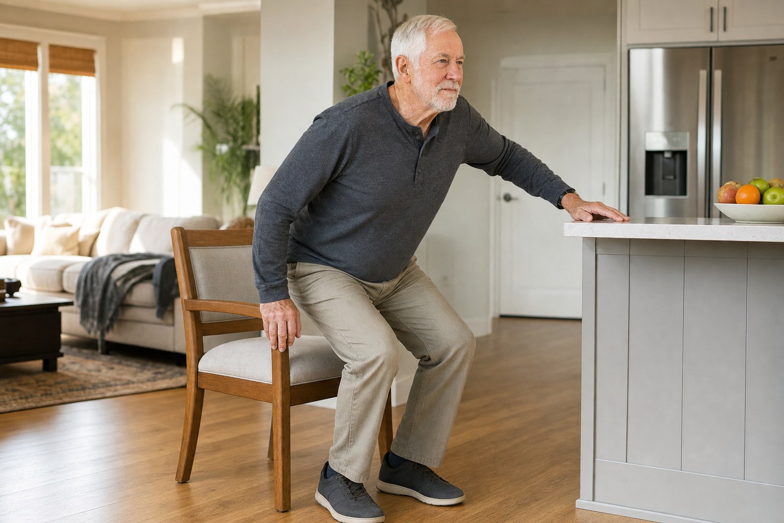 Older man practicing a controlled sit-to-stand beside a kitchen counter