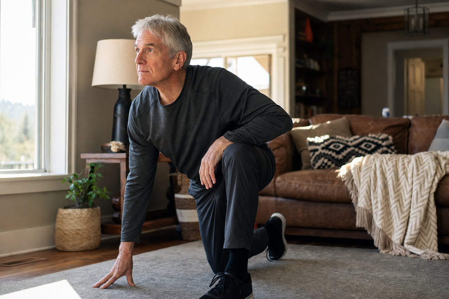 Older adult rising confidently from the floor at home