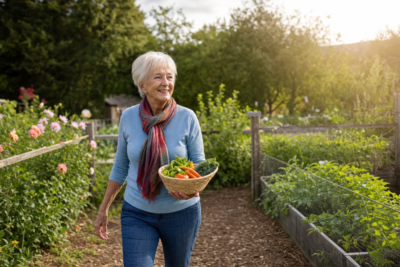 Older adult moving confidently through a garden