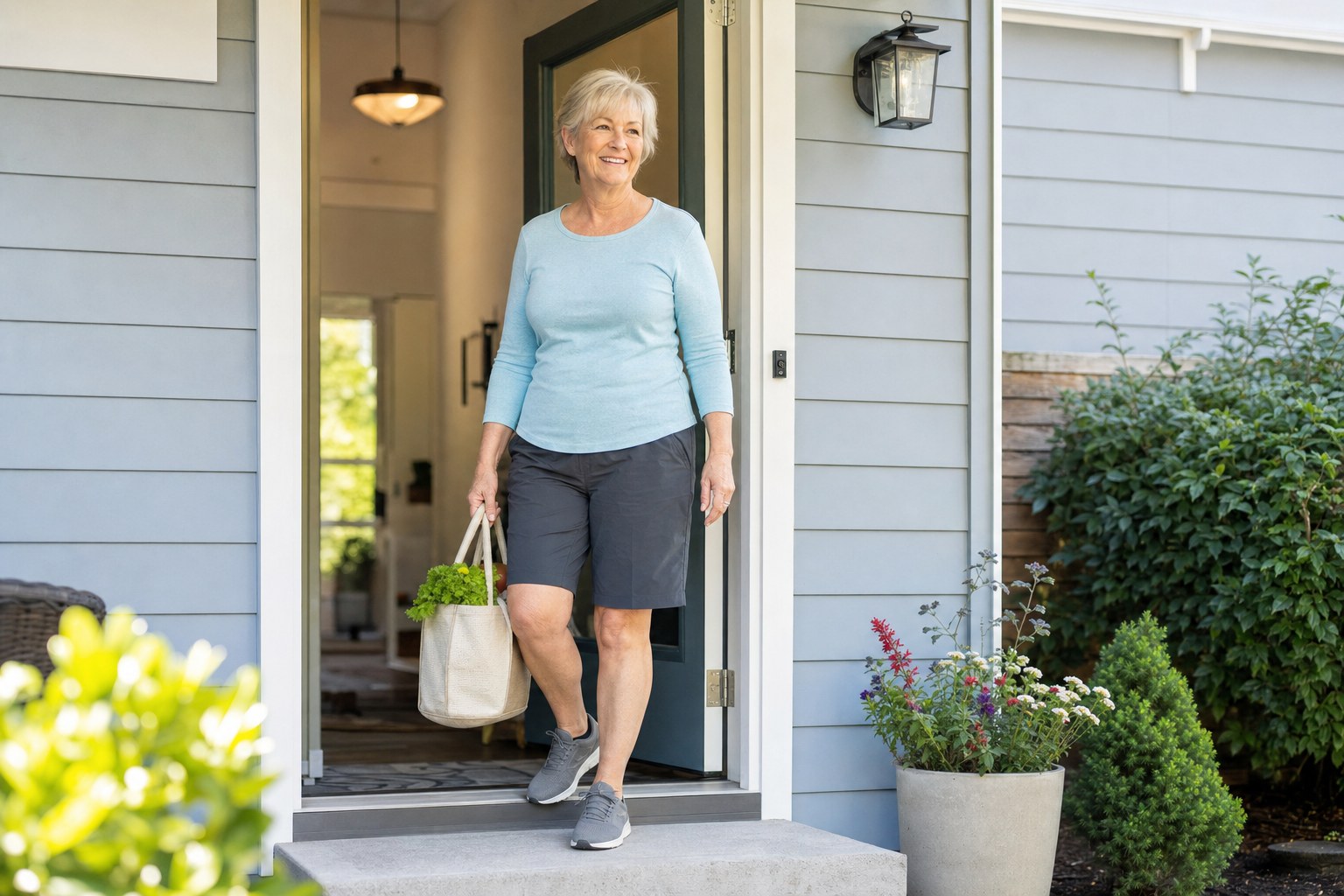 Older adult stepping confidently out of her home