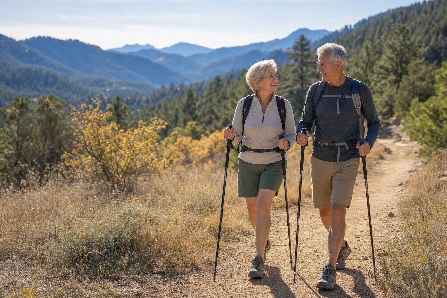 Older couple hiking confidently together