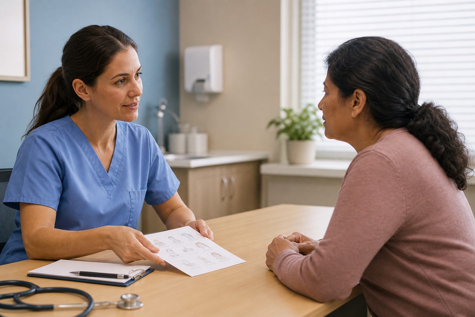 Nurse speaking respectfully with a patient in a clinical consultation room
