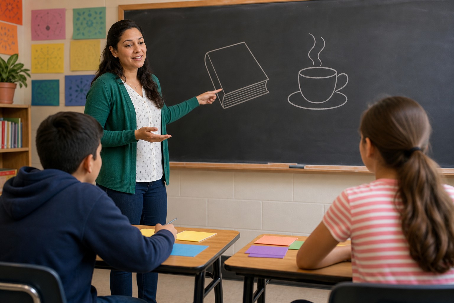 Spanish teacher guiding beginning students through a ser and estar lesson