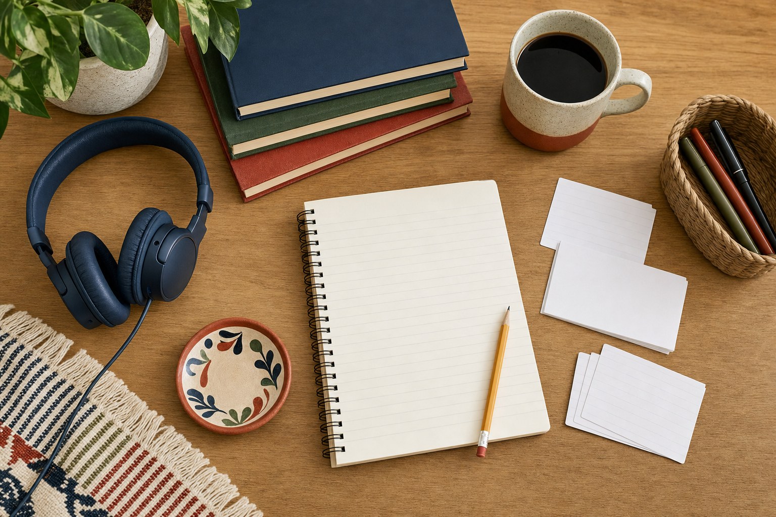 Headphones, notebook, flashcards, and books arranged for Spanish speaking practice at home