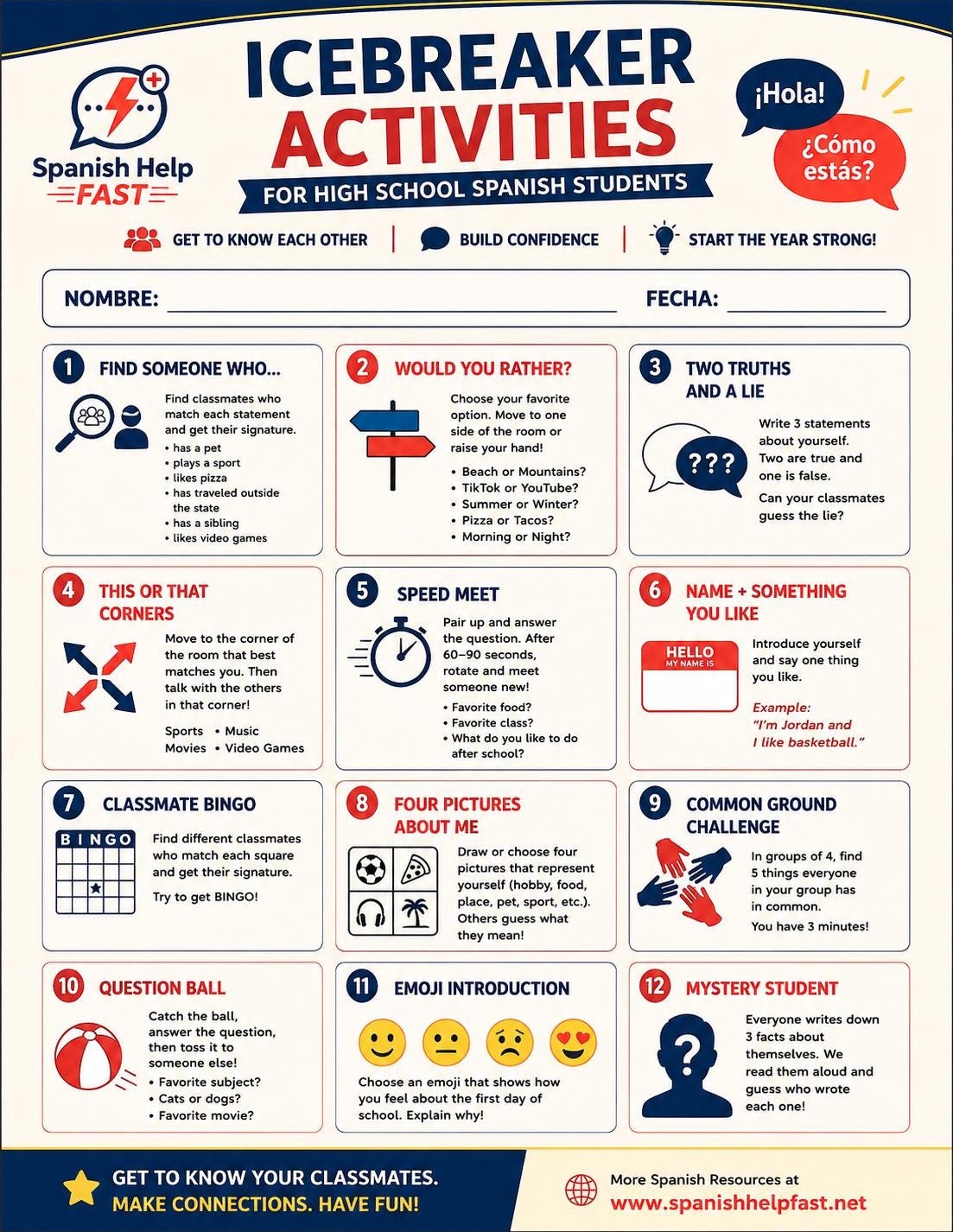 High School Spanish Icebreakers | 20 First Week Activities (Digital Download)