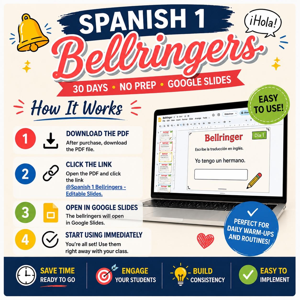 30 Bellringers for Spanish 1 in google slide format preview 2