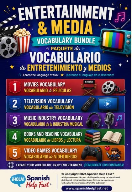 Spanish Entertainment and Media Vocabulary Posters, Movies TV Music Books and Video Games Bundle, Spanish Teacher Classroom PDF