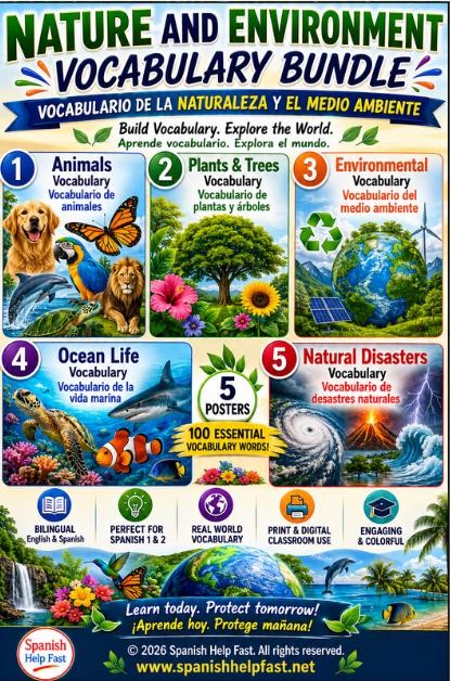 Spanish Nature and Environment Vocabulary Posters, Animals Plants Ocean and Natural Disasters Bundle, Spanish Teacher Classroom PDF