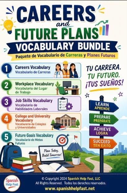 Spanish Careers & Future Planning Vocabulary Bundle | 5 Bilingual English-Spanish Posters
