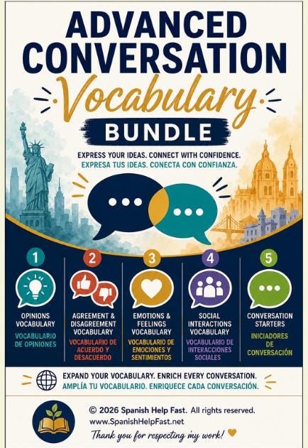 Advanced Spanish Conversation Vocabulary Bundle Bilingual Speaking & Discussion Posters