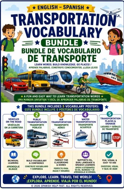Spanish Travel and Transportation Bundle | Vehicles, Transit, Airports, Waterways and Travel Signs