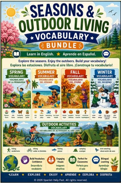 Spanish Seasons and Nature Activities Bundle Spring, Summer, Fall, Winter and Outdoor Fun Posters