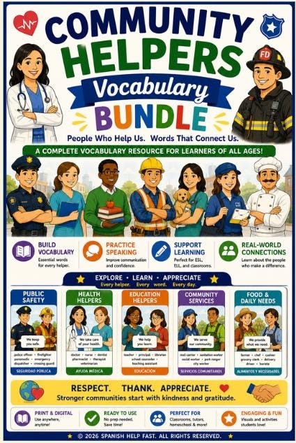 Spanish Community Heroes Vocabulary Bundle | Police, Firefighters, Teachers & Public Service Posters