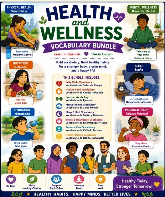 Spanish Healthy Living Vocabulary Bundle 5 Bilingual Posters Nutrition, Fitness, Wellness, Safety & Healthy Habits
