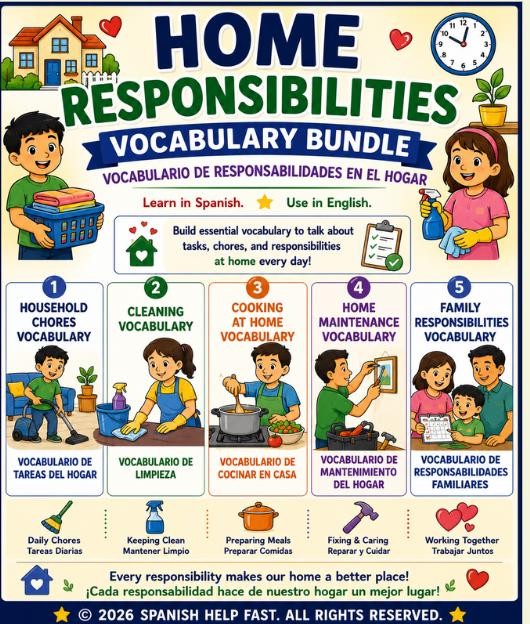 Spanish Home Responsibilities Vocabulary Bundle 5 Bilingual Posters Chores, Cleaning, Cooking, Maintenance & Family Duties