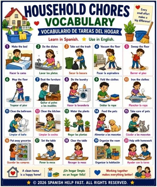 Spanish Home Responsibilities Vocabulary Bundle 5 Bilingual Posters Chores, Cleaning, Cooking, Maintenance & Family Duties preview 2