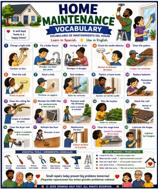Spanish Home Responsibilities Vocabulary Bundle 5 Bilingual Posters Chores, Cleaning, Cooking, Maintenance & Family Duties preview 5