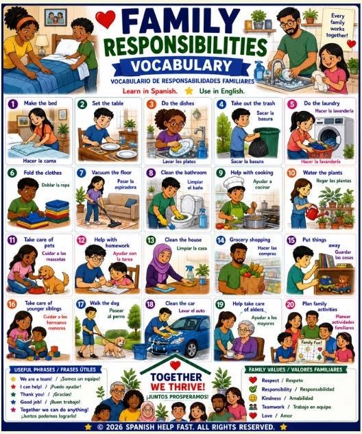 Spanish Home Responsibilities Vocabulary Bundle 5 Bilingual Posters Chores, Cleaning, Cooking, Maintenance & Family Duties preview 6