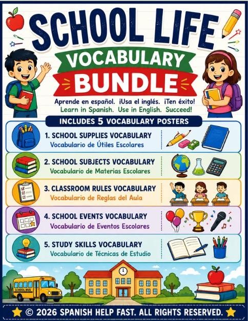 Spanish School Life Vocabulary Bundle 5 Bilingual Classroom Posters School Supplies, Subjects, Rules, Events Study Skills